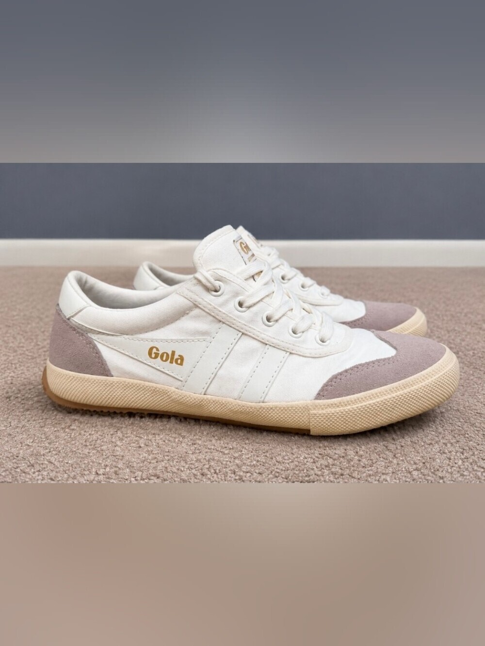 Gola White Canvas Sneakers with Gold Logo and Beige Sole
